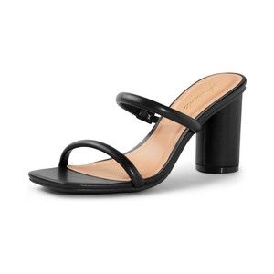 Arromic Women's Heeled Sandals Square Toe Two Strap Block Heels - Black - 7.5